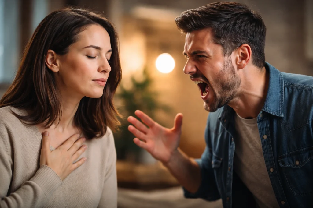Persona manteniendo la calma mientras otra le grita durante una discusión, representando control de la reactividad emocional
