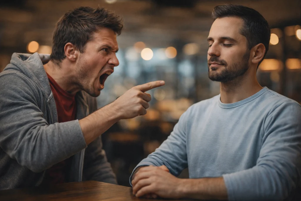 Hombre manteniendo la calma mientras otra persona intenta provocarlo, representando control emocional y autocontrol