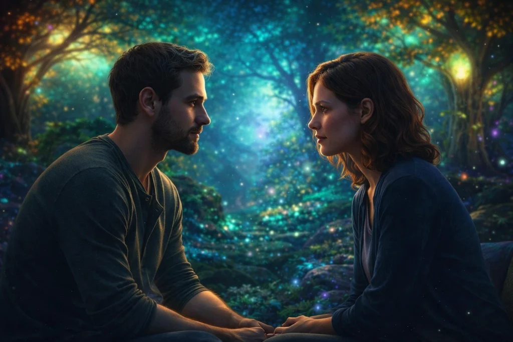 Dos personas conectando emocionalmente en un entorno fantástico de Erians, representando la presencia emocional en la comunicación