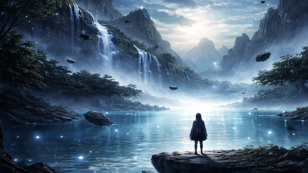 Cómo superar el vacío emocional – figura frente a lago místico en el universo de Erians