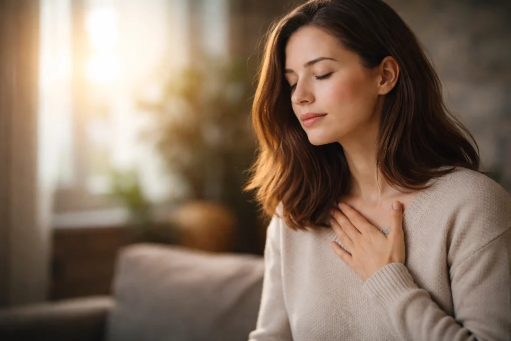 Mujer en calma con la mano en el pecho conectando con sus emociones para desarrollar autoconocimiento emocional