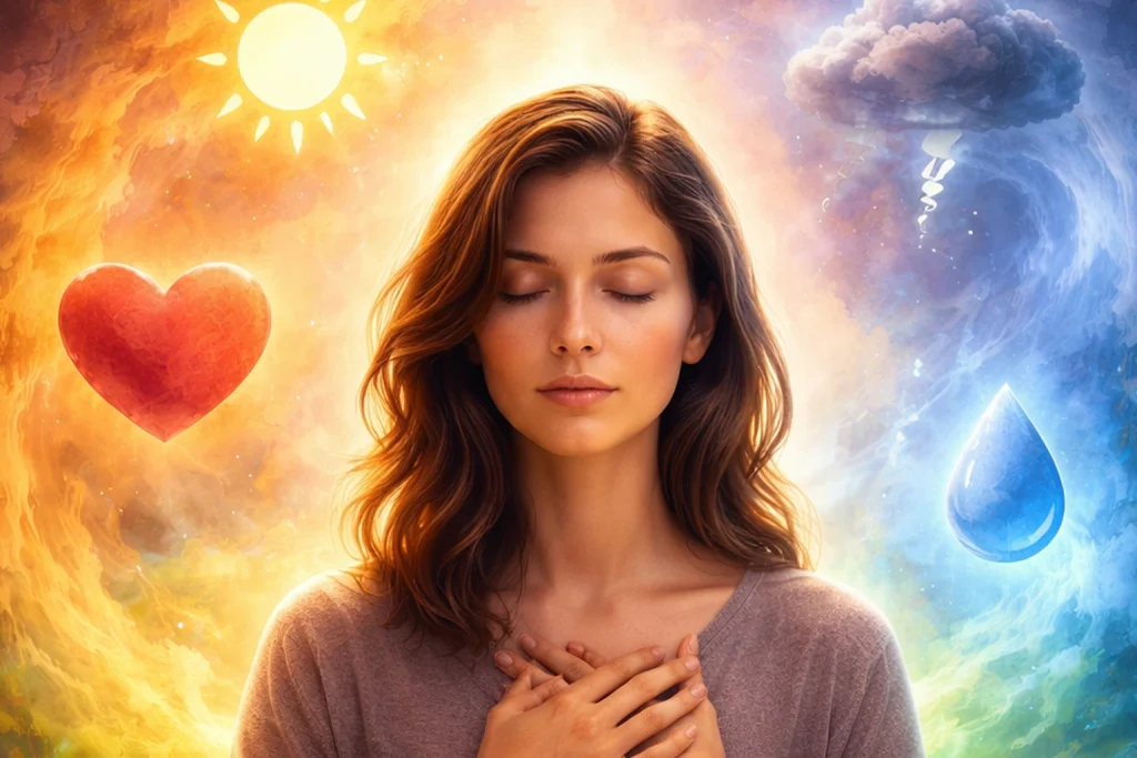 Mujer en calma comprendiendo sus emociones, representando claridad emocional y comprensión interna