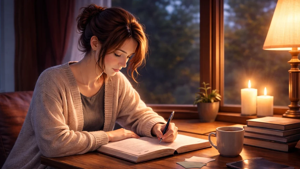 Mujer escribiendo en un diario en un ambiente tranquilo, representando claridad emocional y reflexión personal