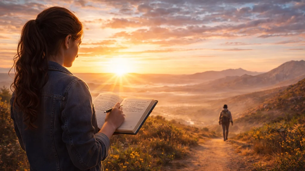 Persona escribiendo en un cuaderno al amanecer mientras comienza su camino de crecimiento personal