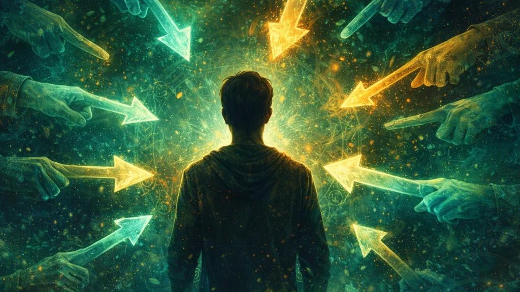 Persona rodeada de flechas que representan las expectativas ajenas y la presión de los demás