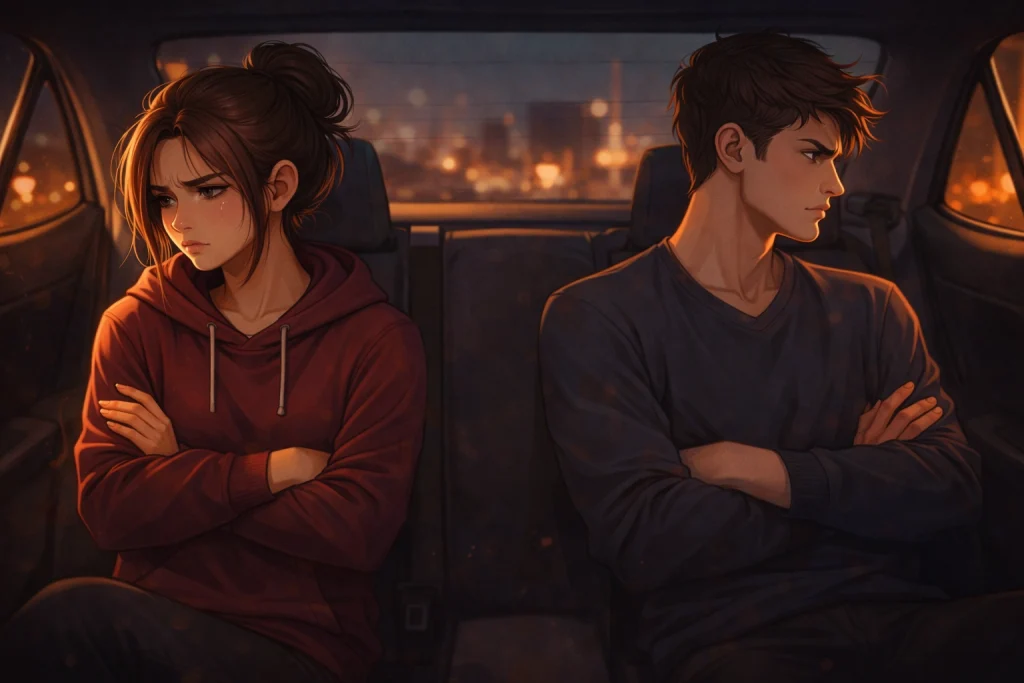 Pareja sentada en un coche de noche, de espaldas y con los brazos cruzados, mostrando distancia emocional tras una discusión por orgullo herido