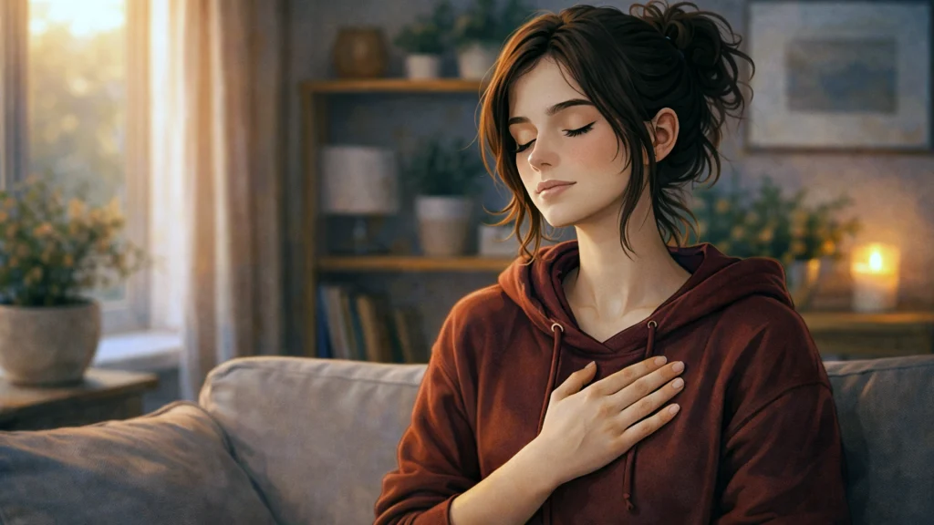 Ilustración de una chica joven haciendo una pausa consciente para calmarse y regular sus emociones