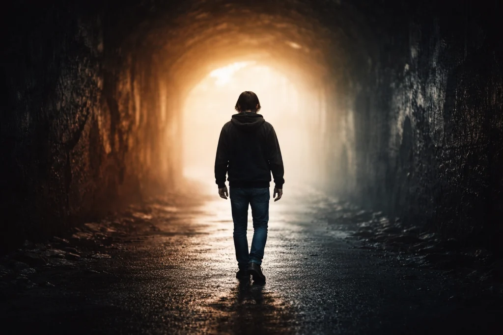 Persona caminando en un túnel oscuro hacia la luz, representando un retroceso emocional y el proceso de recuperación