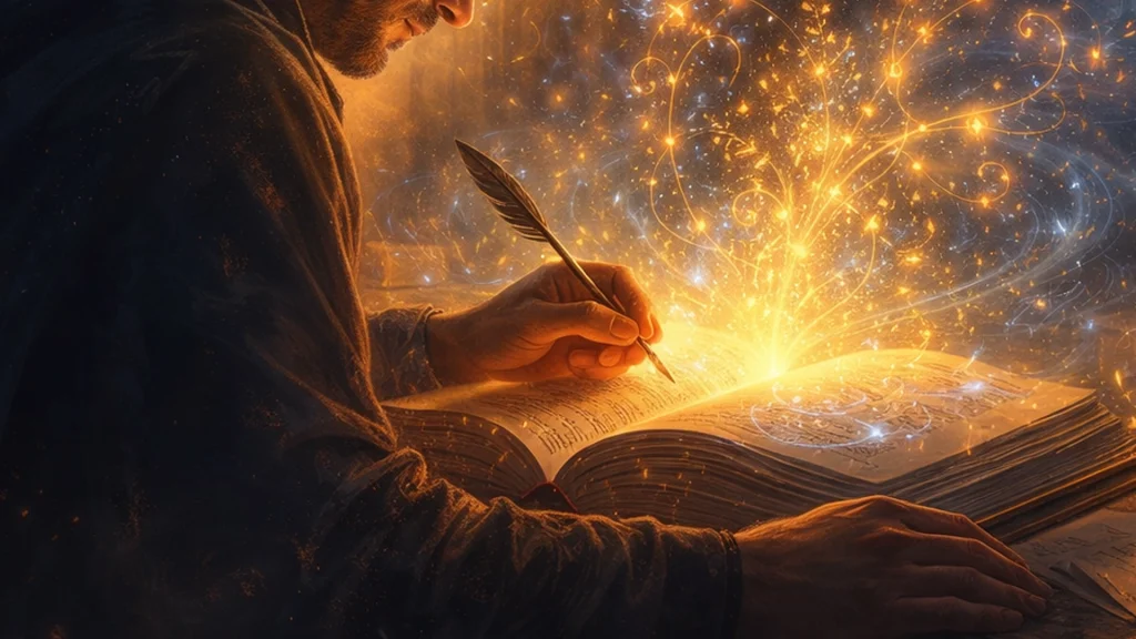 Autor escribiendo en un libro mágico que emite energía emocional, representación simbólica del universo Crónicas de Erians