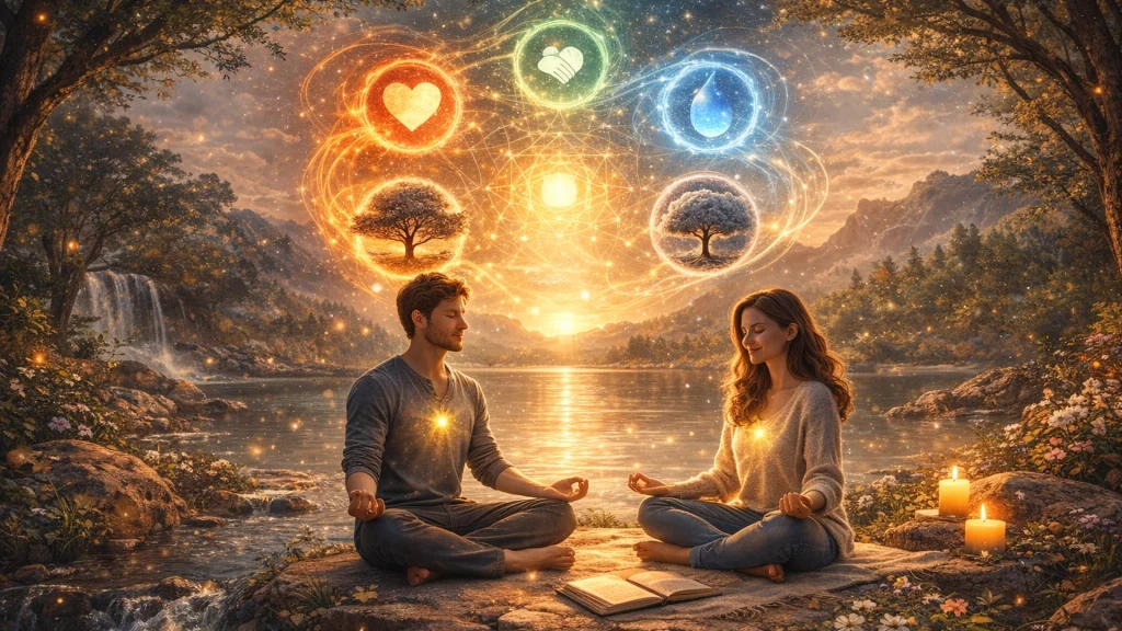 bienestar integral y equilibrio emocional con pareja meditando y símbolos de las dimensiones del bienestar estilo Erians
