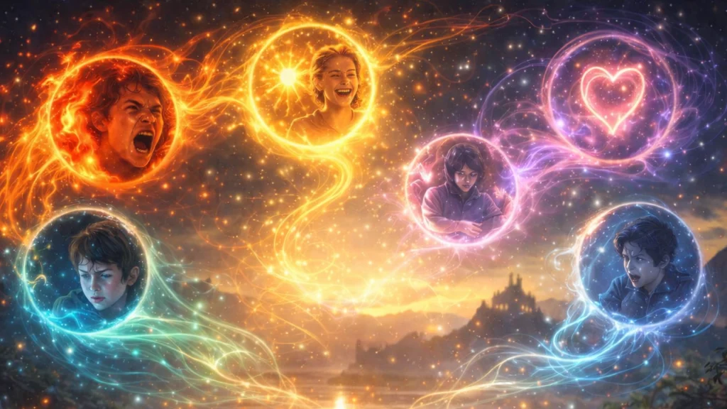 Emociones humanas representadas como esferas mágicas de colores