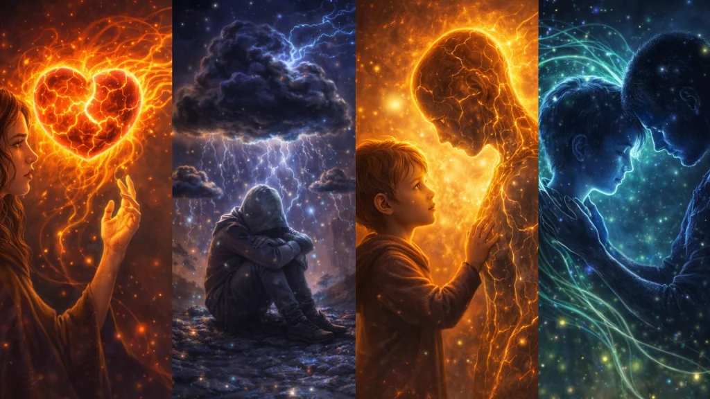 Ilustración de emociones humanas representadas con energía luminosa en estilo Erians