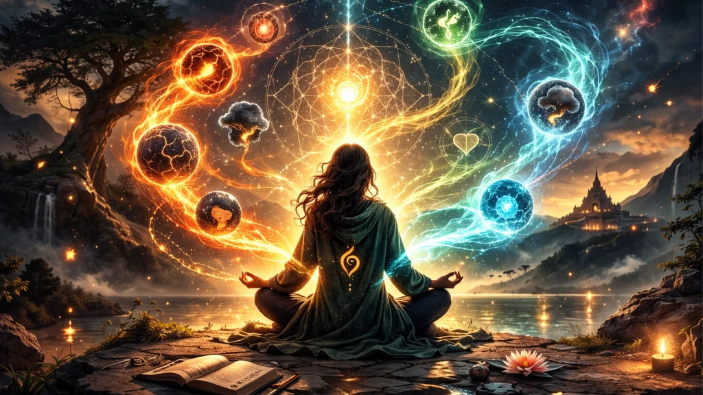 gestión emocional representada en el universo de Erians con figura meditando rodeada de energías emocionales