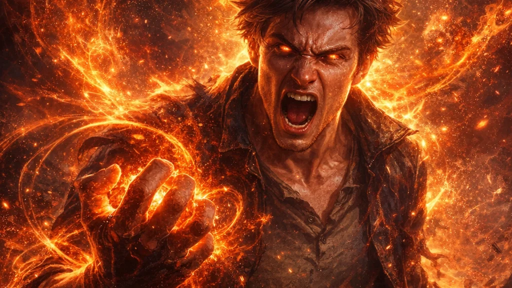 La ira como emoción intensa representada con energía de fuego en estilo Erians