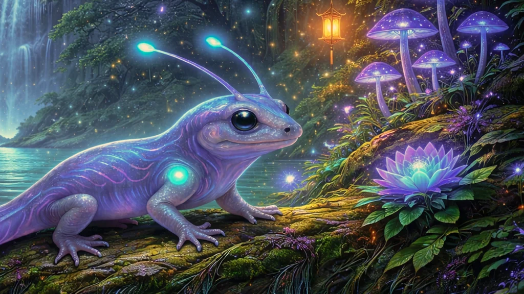 Luzárida mágica bioluminiscente en un bosque encantado con hongos brillantes, río nocturno y cascada luminosa