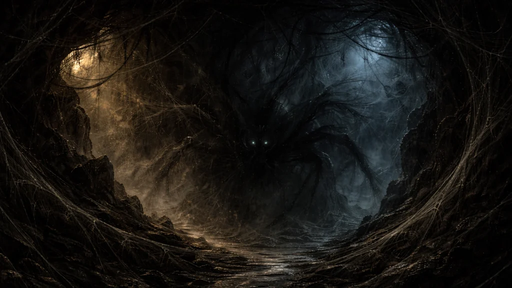 Nēt’skara manifestándose como una sombra con forma de araña hecha de humo en una cueva estrecha, símbolo de la duda y la fractura emocional en el universo Erians