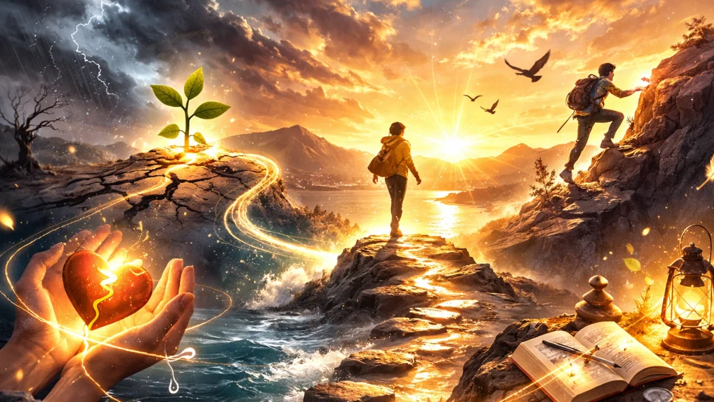 Ilustración emocional estilo Erians de una persona avanzando hacia la luz simbolizando resiliencia, superación personal y crecimiento interior