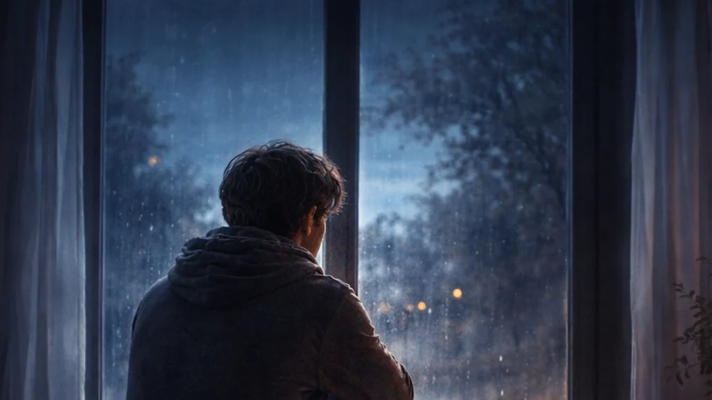 persona sola mirando por la ventana de noche reflejando miedo a la soledad