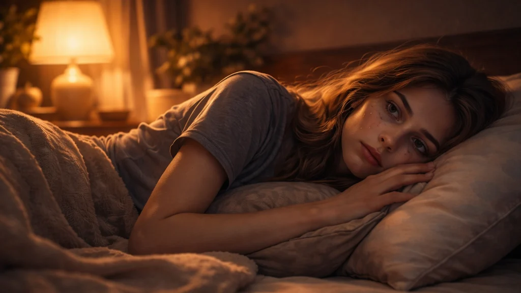 mujer joven tumbada en la cama por la noche sintiendo miedo a la soledad