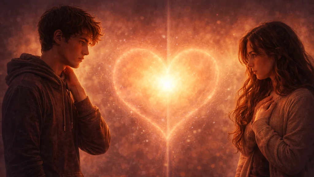 hombre y mujer frente a un corazón luminoso simbolizando el miedo al amor estilo Erians