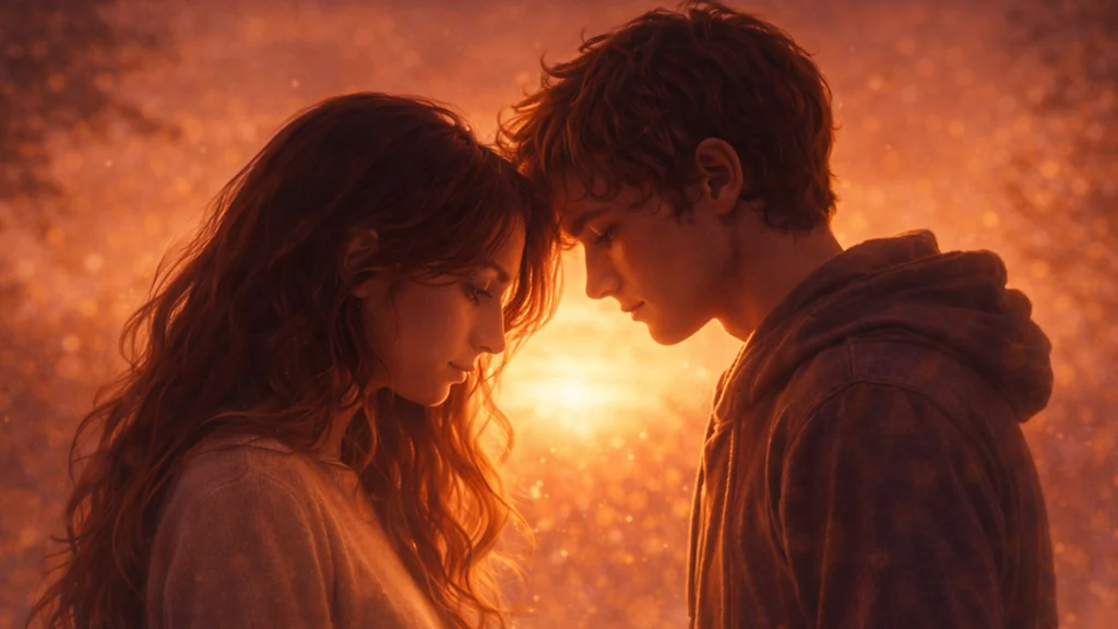 pareja joven muy cerca mostrando miedo al amor en estilo emocional Erians con luz cálida y atmósfera íntima