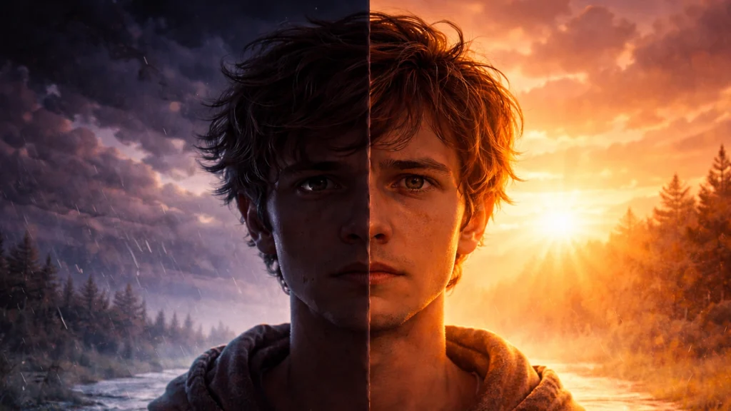 rostro dividido simbolizando miedo al cambio y crecimiento personal estilo Erians