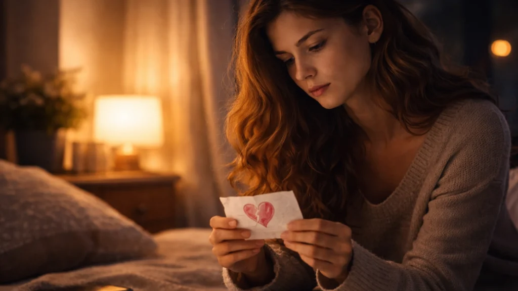miedo al rechazo representado por una mujer mirando un dibujo de corazón roto