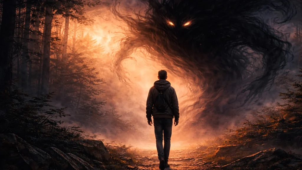 Figura solitaria enfrentándose a una sombra oscura en el bosque, representación del miedo en estilo emocional Erians