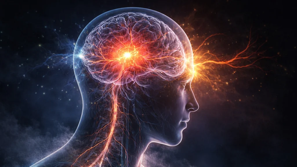 Ilustración del cerebro humano mostrando la activación de la amígdala y el sistema nervioso durante la respuesta de miedo estilo Erians