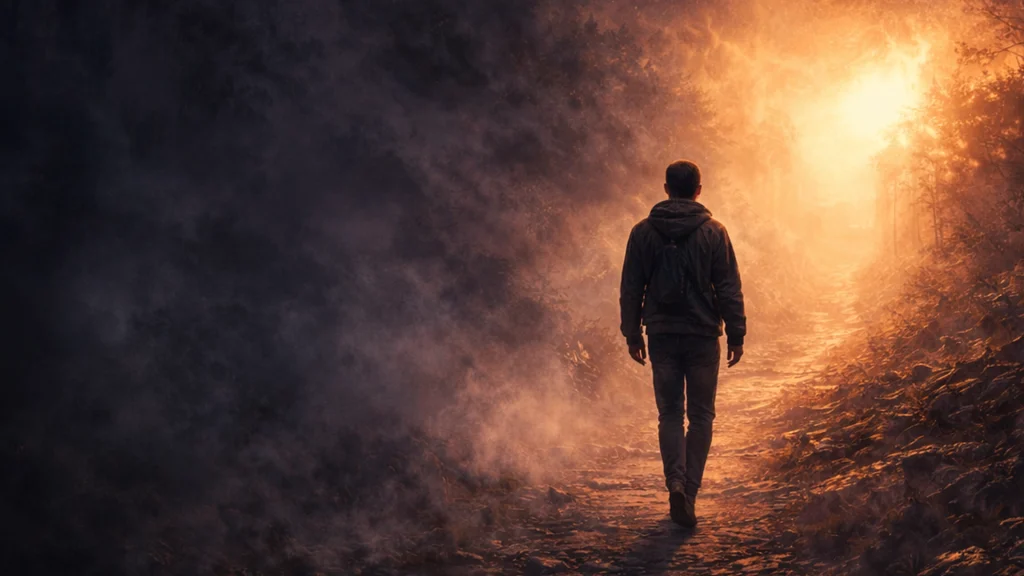 Persona caminando hacia una luz cálida a través de un sendero oscuro, simbolizando la superación del miedo