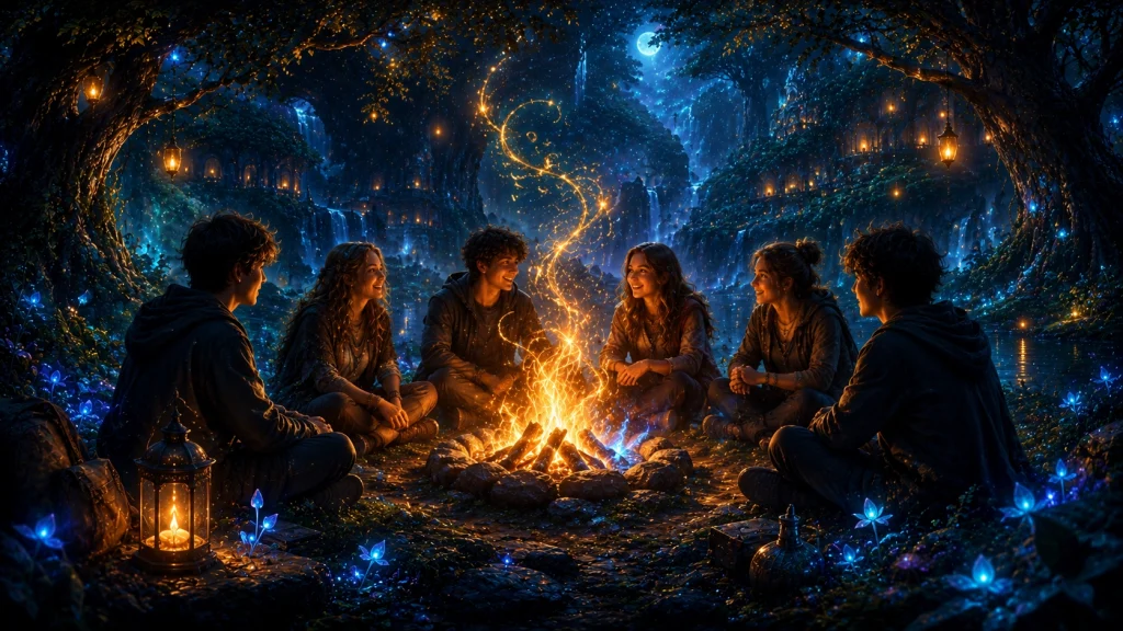 Grupo de amigos reunidos alrededor de una fogata mágica en un bosque encantado representando la amistad, la conexión y el bienestar emocional.