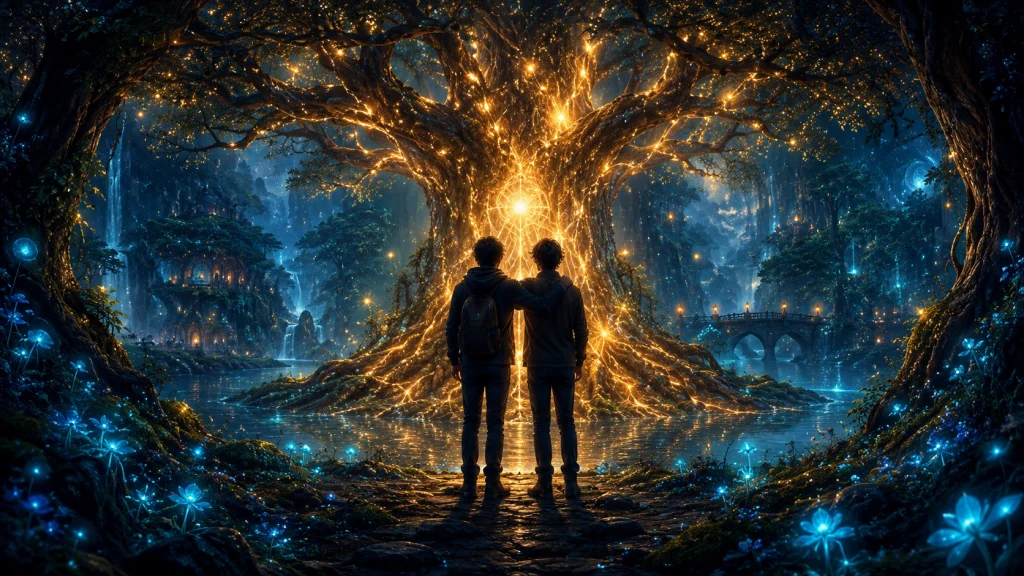 Dos amigos bajo un árbol mágico de luz representando el vínculo de la amistad.
