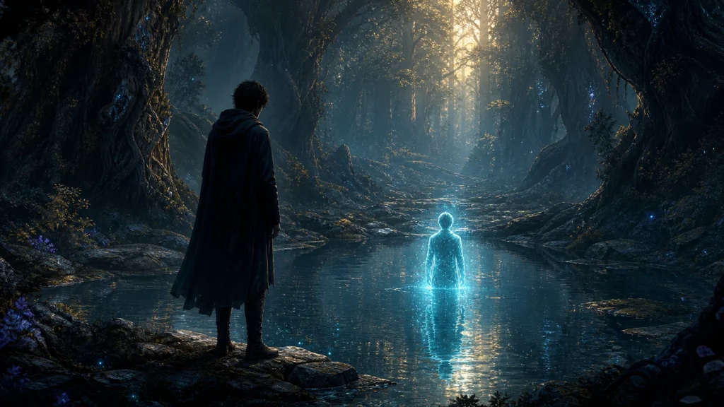 Figura observando una silueta luminosa en un lago de un bosque mágico, representación de la inseguridad, la autoestima y la búsqueda de la confianza interior.