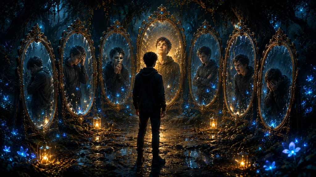 Joven observando varios espejos mágicos que reflejan diferentes versiones de sí mismo en un bosque encantado, representación del origen de la inseguridad y las creencias sobre el propio valor.